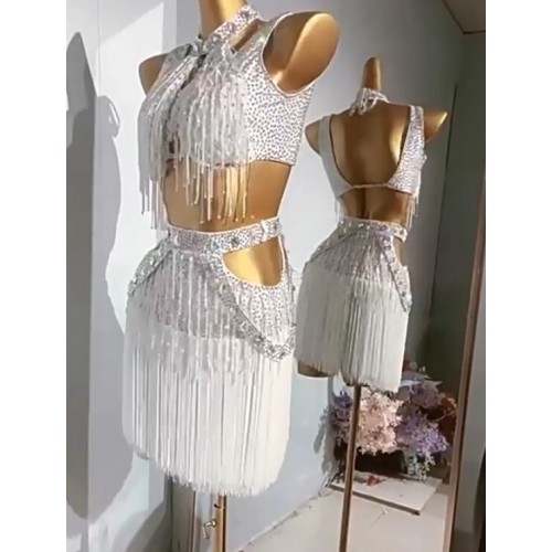 Customized size white bling tassels competition latin dance dresses for women girls salsa rumba ballroom latin test performance outfits for girls